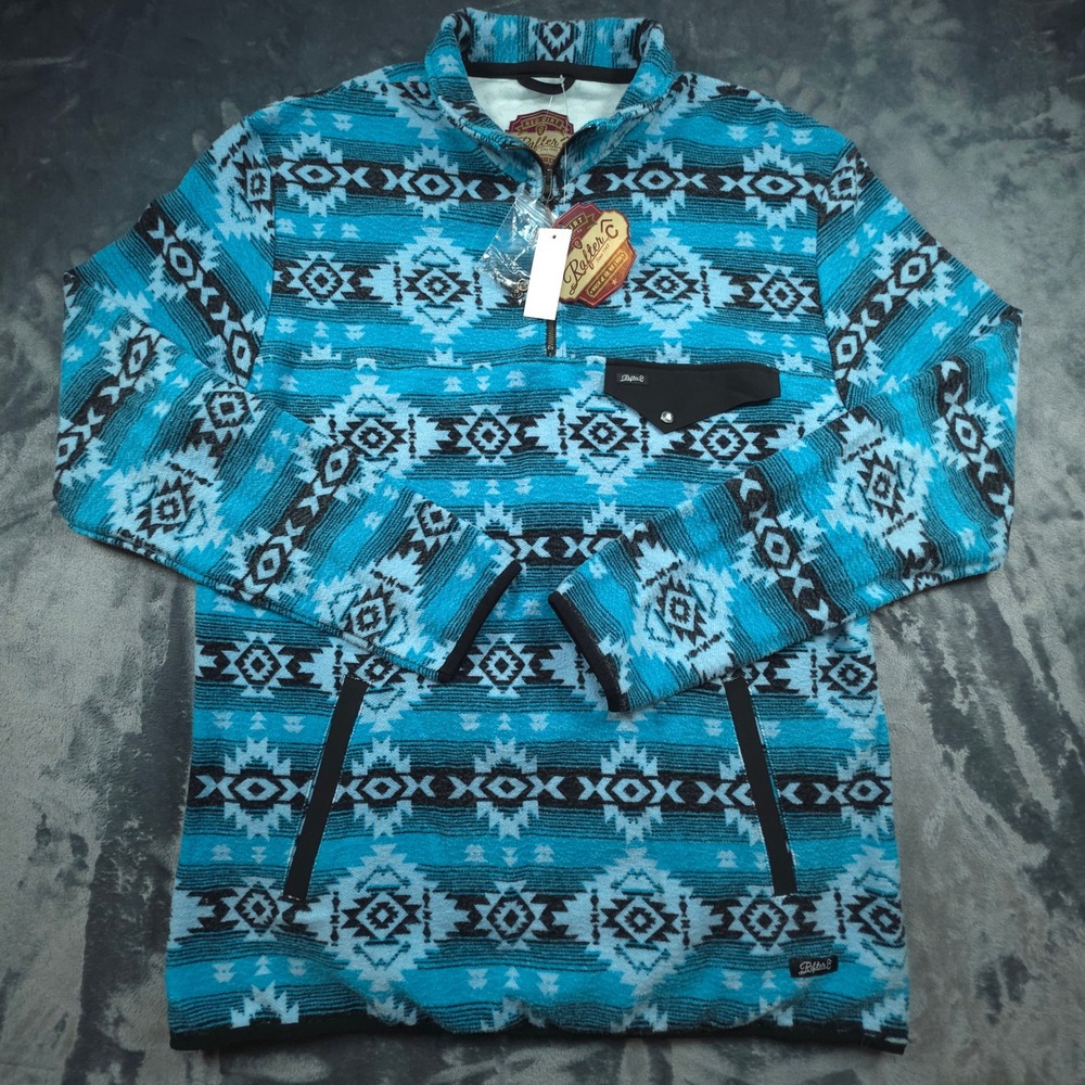 Rafter C Red Dirt Collection Mens Turquoise Aztec Print 1/4 Zip Pullover L NEW